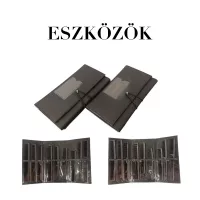 Ecsetek, tálak, köpeny, eszköztartó